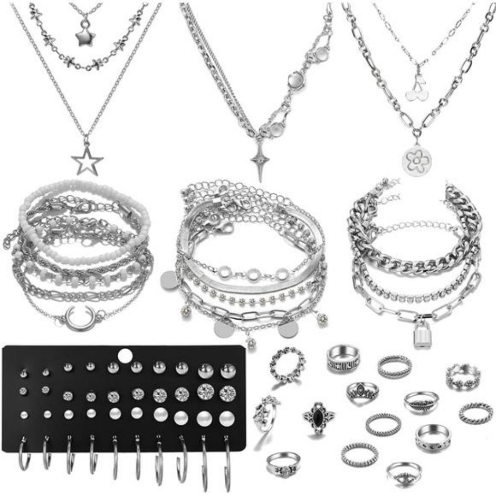 37pcs Silver Jewelry Set Necklaces Bracelets Hoop Earrings Rings Cuffs For Women
